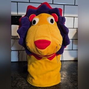 90s Gymboree Velvet Lion Hand Puppet Pocket Tail Gold Purple Plush Toy Vtg
